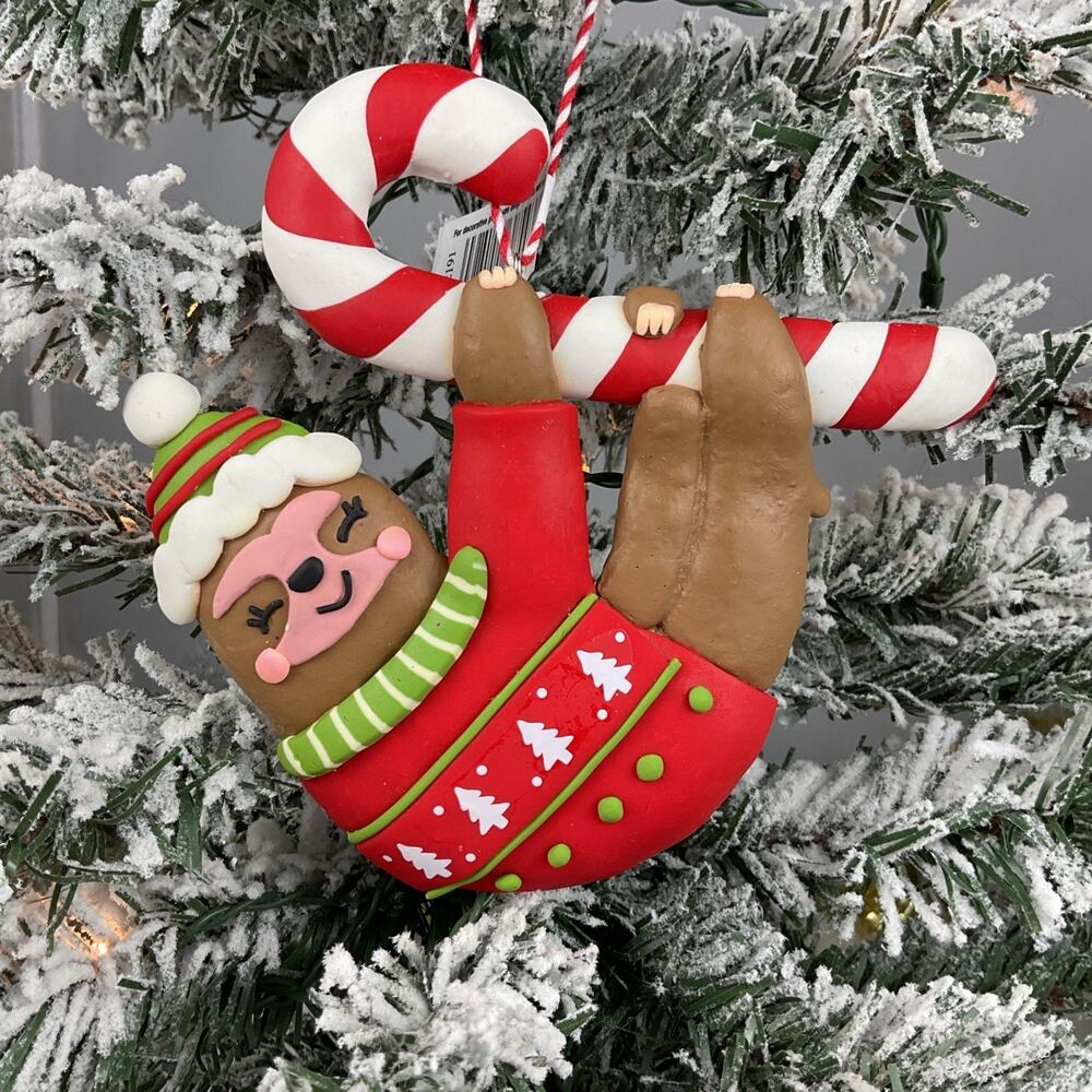 Christmas Ornament-Festive Sloth Hanging On Candy cane Ornament - Burton+burton